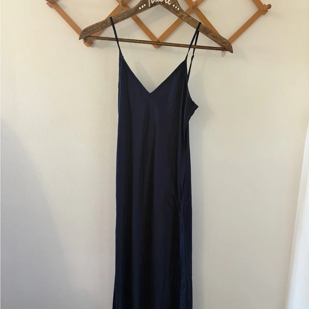 Quince Navy Satin Slip Dress with Spaghetti Straps - Picture 3 of 4